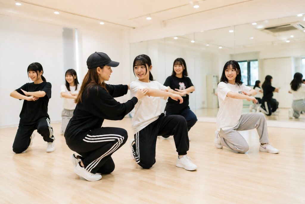 札幌の少人数制K-POPダンスレッスンで指導を受ける初心者