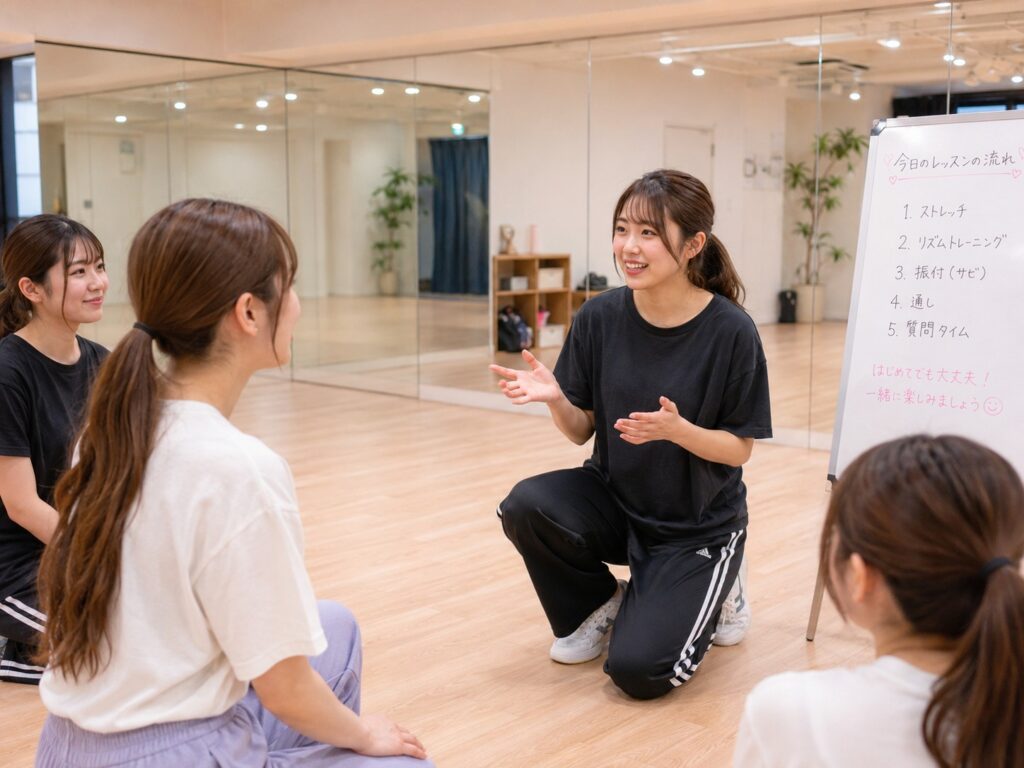 札幌のK-POPダンス体験レッスンで説明を受ける初心者