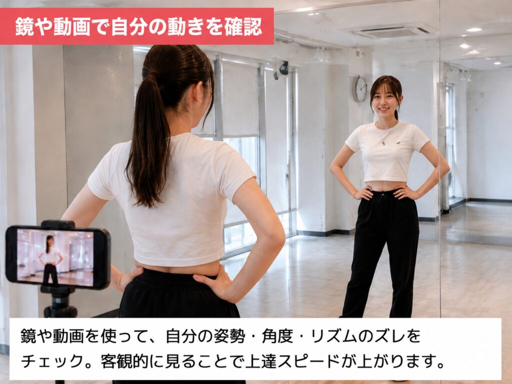 鏡でK-POPダンスの振付を確認しながら練習する初心者