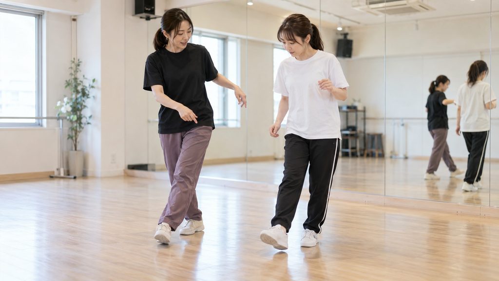 ダンス初心者が講師と一緒に振付を少しずつ覚える練習