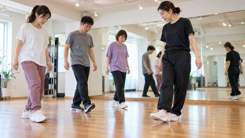 ダンス初心者が足のステップから振付を練習する様子